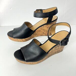 Sz 9.5 - Franco Sarto Medina Black Open Toe Mary Jane Cork Wedge Sandals